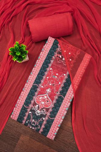 Women's multi unstitched designer print & mirror work rayon dress material (mt664red)