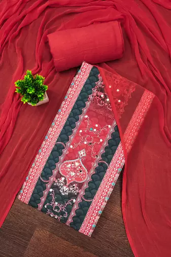Women's multi unstitched designer print & mirror work rayon dress material (mt664red)
