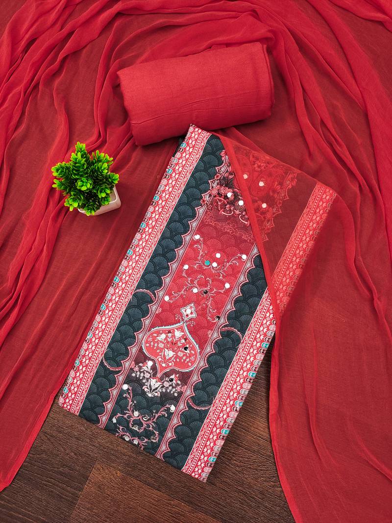 Women's multi unstitched designer print & mirror work rayon dress material (mt664red)