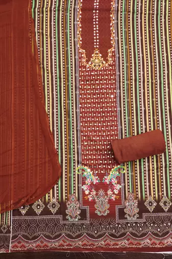 Women's multi designer print & mirror work rayon dress material