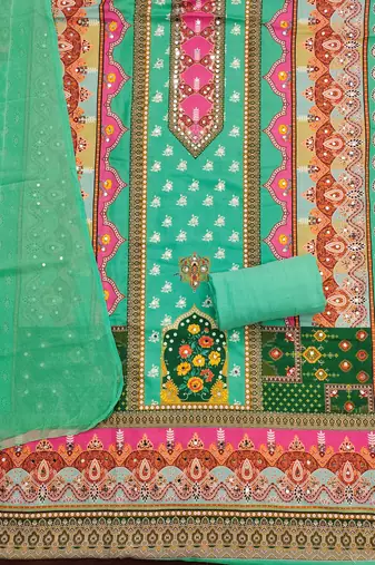 Women's multi designer print & mirror work rayon dress material