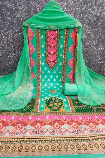 Women's multi designer print & mirror work rayon dress material