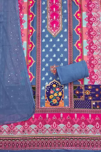 Women's multi designer print & mirror work rayon dress material