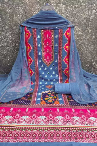 Women's multi designer print & mirror work rayon dress material