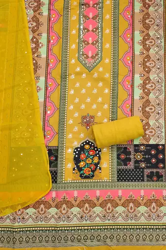 Women's multi designer print & mirror work rayon dress material