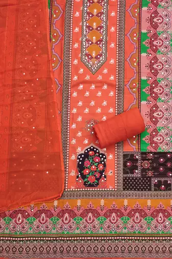 Women's multi designer print & mirror work rayon dress material