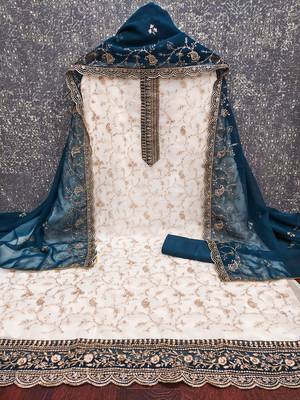 Women's white heavy zari embroidery georgette dress material 3