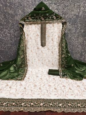 Women's white heavy zari embroidery georgette dress material 3