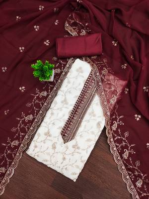 Women's white heavy zari embroidery georgette dress material 1