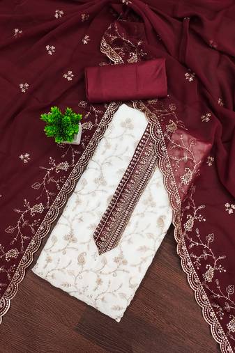 Women's white unstitched heavy zari embroidery georgette dress material (mt669mrn)