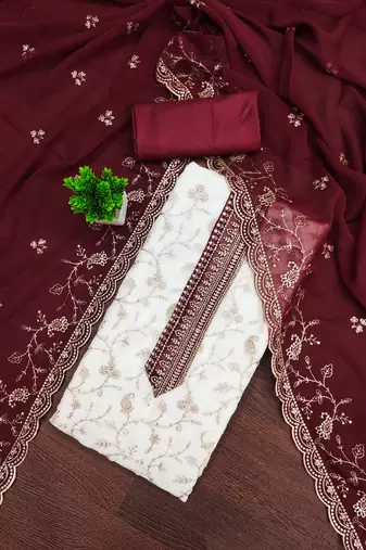 Women's white unstitched heavy zari embroidery georgette dress material (mt669mrn)