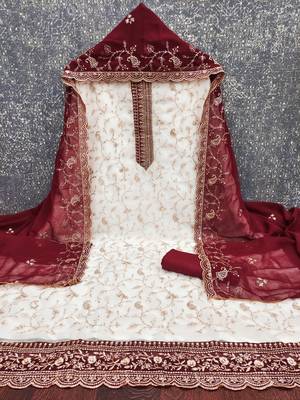 Women's white heavy zari embroidery georgette dress material 3