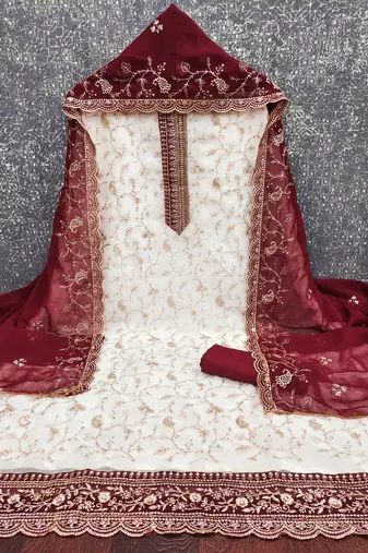 Women's white heavy zari embroidery georgette dress material