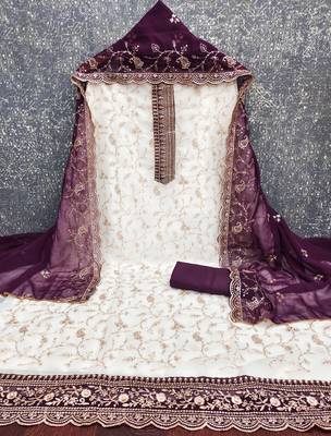 Women's white heavy zari embroidery georgette dress material 3