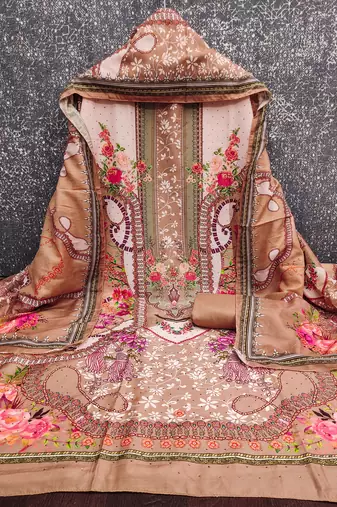 Women's multi print & daimond siroski work muslin cotton dress material