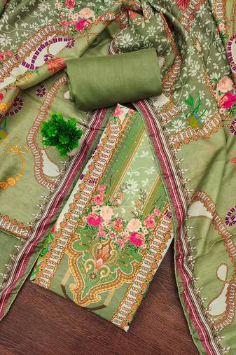 Women's multi unstitched print & daimond siroski work muslin cotton dress material (mt670grn)