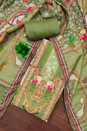 Women's multi unstitched print & daimond siroski work muslin cotton dress material (mt670grn)