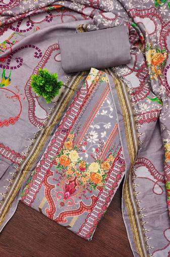 Women's multi unstitched print & daimond siroski work muslin cotton dress material (mt670gry)