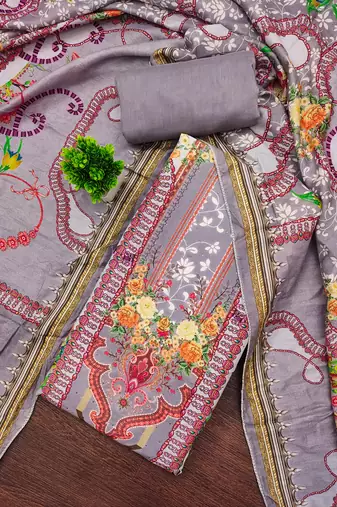 Women's multi unstitched print & daimond siroski work muslin cotton dress material (mt670gry)