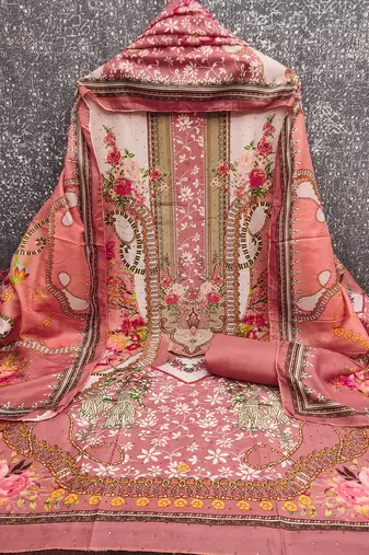 Women's multi print & daimond siroski work muslin cotton dress material