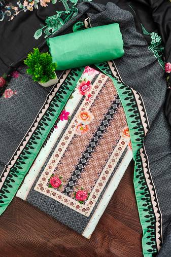 Women's multi unstitched print & daimond siroski work muslin cotton dress material (mt671grn)