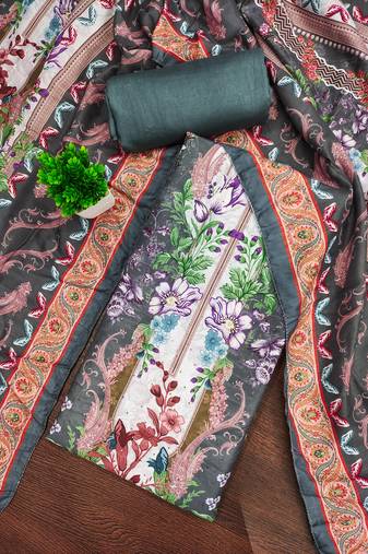 Women's multi unstitched print & daimond siroski work muslin cotton dress material (mt672dgy)