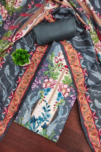 Women's multi unstitched print & daimond siroski work muslin cotton dress material (mt672gry)