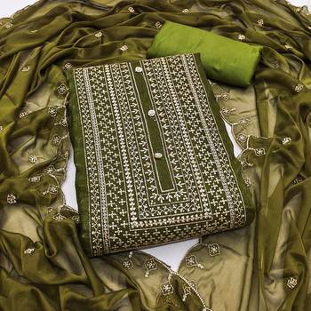 Women's green heavy thread embroidery cruncy sulk dress material 1