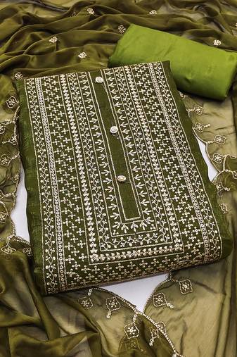 Women's green unstitched heavy thread embroidery cruncy sulk dress material (pk57grn)
