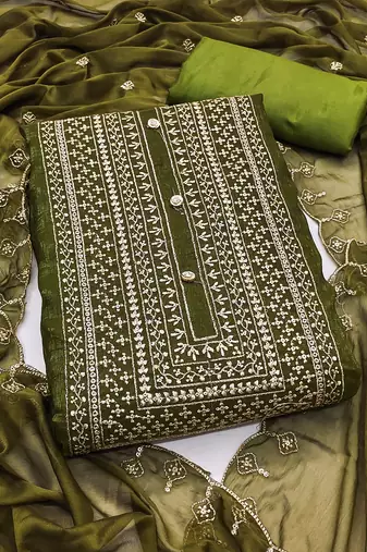 Women's green unstitched heavy thread embroidery cruncy sulk dress material (pk57grn)