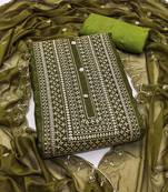 Women's green unstitched heavy thread embroidery cruncy sulk dress material (pk57grn)