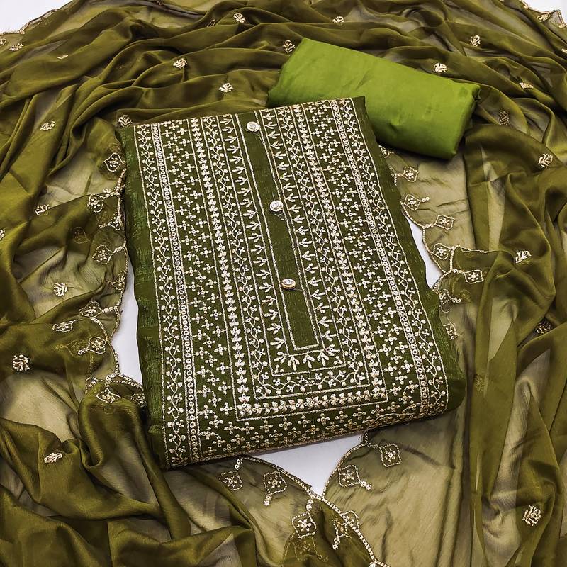 Women's green unstitched heavy thread embroidery cruncy sulk dress material (pk57grn)