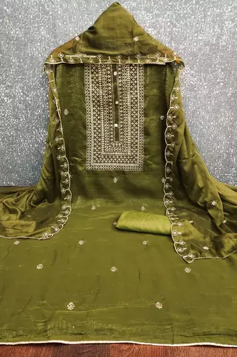 Women's green heavy thread embroidery cruncy sulk dress material