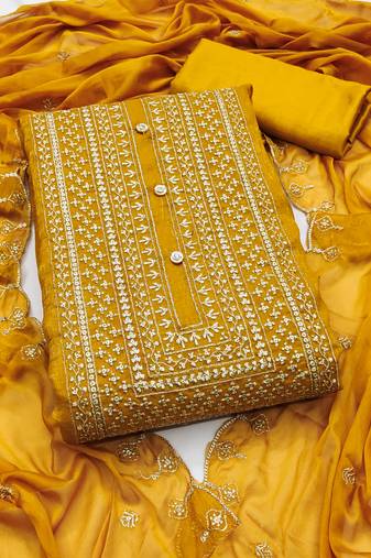 Women's mustard unstitched heavy thread embroidery cruncy sulk dress material (pk57mtd)