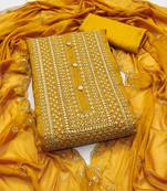 Women's mustard unstitched heavy thread embroidery cruncy sulk dress material (pk57mtd)