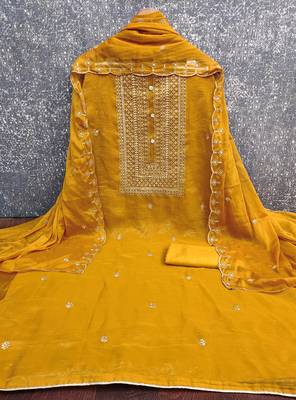 Women's mustard heavy thread embroidery cruncy sulk dress material 2