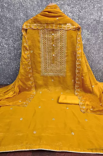 Women's mustard heavy thread embroidery cruncy sulk dress material