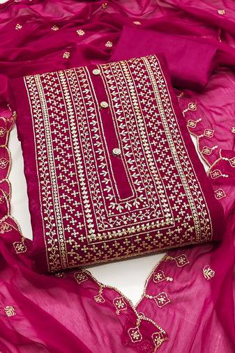 Women's pink unstitched heavy thread embroidery cruncy sulk dress material (pk57pnk)