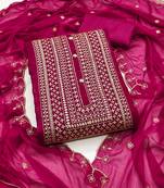 Women's pink unstitched heavy thread embroidery cruncy sulk dress material (pk57pnk)