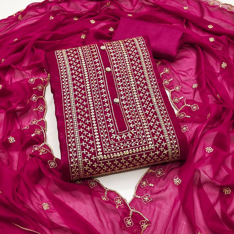 Women's pink unstitched heavy thread embroidery cruncy sulk dress material (pk57pnk)