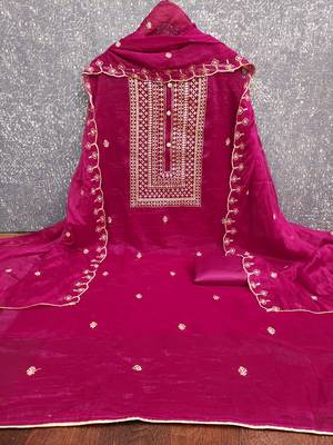 Women's pink heavy thread embroidery cruncy sulk dress material 2