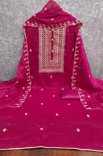 Women's pink heavy thread embroidery cruncy sulk dress material