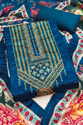 Women's blue unstitched digital print & fancy border chinnon dress material (rnx5046blu)