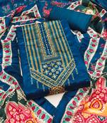 Women's blue unstitched digital print & fancy border chinnon dress material (rnx5046blu)