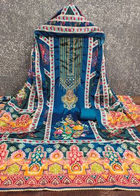 Women's blue digital print & fancy border chinnon dress material 2