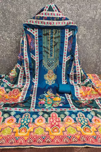 Women's blue digital print & fancy border chinnon dress material