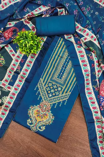 Women's blue digital print & fancy border chinnon dress material