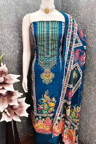 Women's blue digital print & fancy border chinnon dress material
