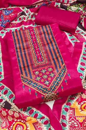 Women's pink unstitched digital print & fancy border chinnon dress material (rnx5046pnk)
