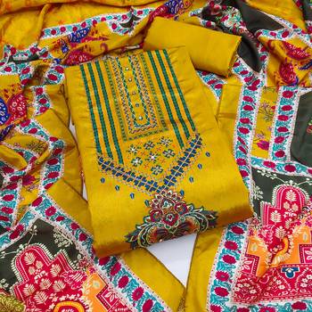 Women's yellow digital print & fancy border chinnon dress material 1
